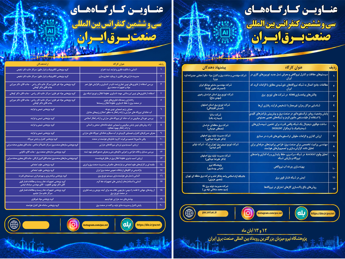 عناوین کارگاه‌های تخصصی سی‌وششمین کنفرانس بین‌المللی صنعت برق ایران